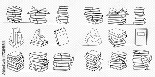 Continuous line art drawing of various book arrangements and stacks.
