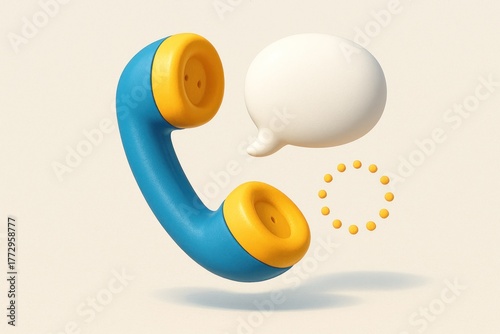 Retro blue and yellow phone handset with speech bubble and rings