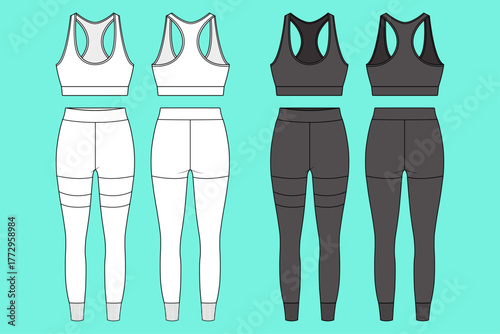 Women's Racerback Sports Bra and Panel Detail Legging Fashion Athletic Wear Set Apparel Technical Flat Sketch.