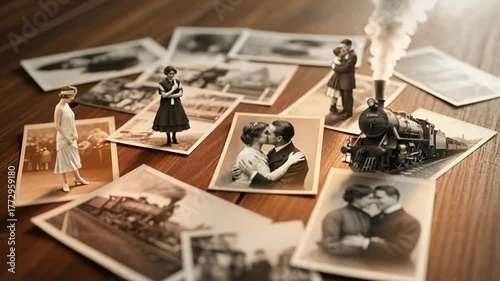 Vintage photographs and figures on wooden table