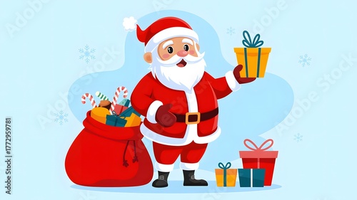 Santa claus holding a gift and standing with a sack of presents