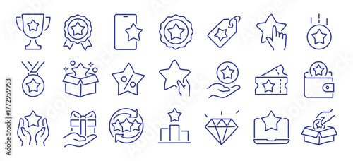 Exclusive benefit, prize, incentive, reward editable stroke outline icons set isolated on white background flat vector illustration. Pixel perfect. 64 x 64. 