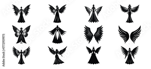 Collection of twelve black silhouette illustrations of angelic figures with majestic wings in various poses