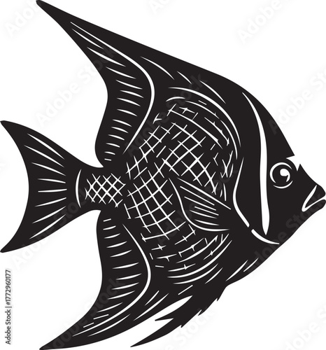 Black angelfish silhouette with detailed scales artistic rendering aquatic ocean dweller