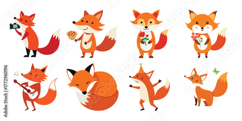 Collection of cute cartoon foxes engaged in various activities and poses