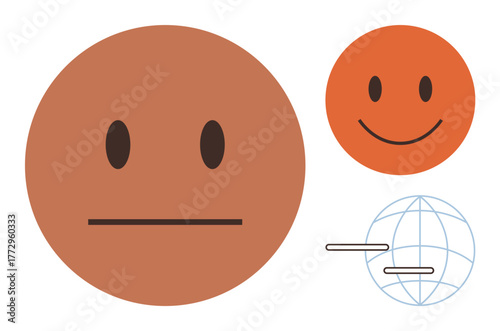 Neutral brown face and orange happy face beside a stylized globe with lines emphasizing global communication. Ideal for emotions, connections, mental health, diversity, adaptability, globalization