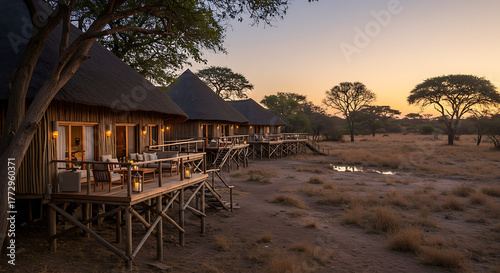 Luxury safari lodge at sunset with thatched roofs and wooden decks in africa