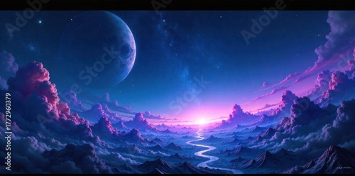 Wind farm at night, illuminated by stars and the faint glow of turbines, showcasing a futuristic and sustainable vision. A breathtaking night time shot of a wind farm. The sky is intensely dark and