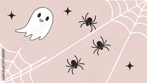 Cute Pastel Halloween Poster with Ghosts and Spiders – Minimal Flat Vector Design for Holiday Celebration