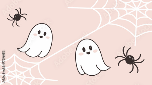 Cute Pastel Halloween Poster with Ghosts and Spiders .