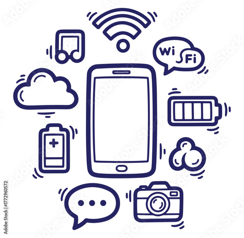 Vector illustration of a smartphone surrounded by technology related icons and symbols