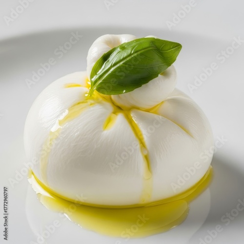 Burrata cheese with basil and olive oil on a white plate  
