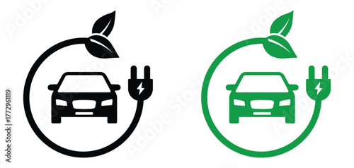 EV charging icon. electric car with plug icon. eco friendly transport symbol.  Electric car charging station. vector illustration and transparent PNG.