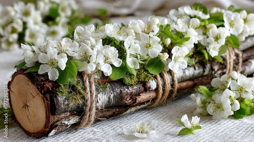Rustic log adorned with delicate white blossoms and greenery