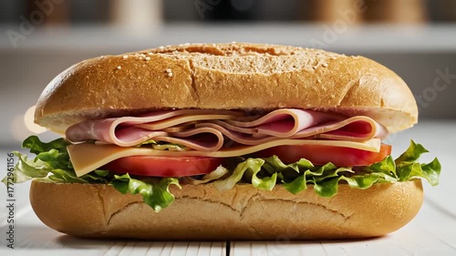Delicious Ham and Cheese Sub Sandwich Being Assembled with Fresh Ingredients.