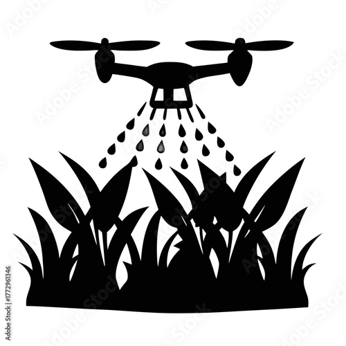 Silhouette of a drone spraying liquid onto plants in a field with a white background agricultural scene