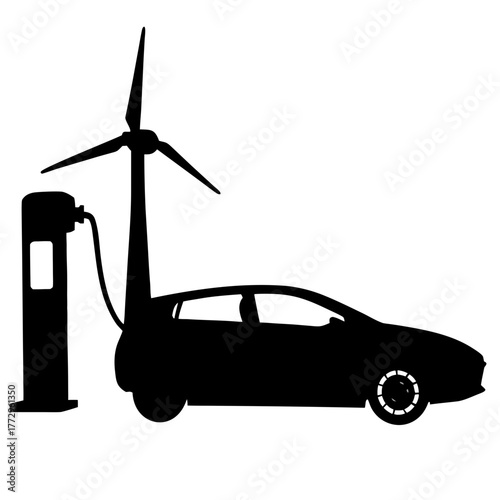 Silhouette of electric car charging at station powered by wind turbine representing green energy solution