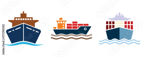 Vector illustration of three cargo ships in varied colors and perspectives, representing maritime transport, trade, and global logistics