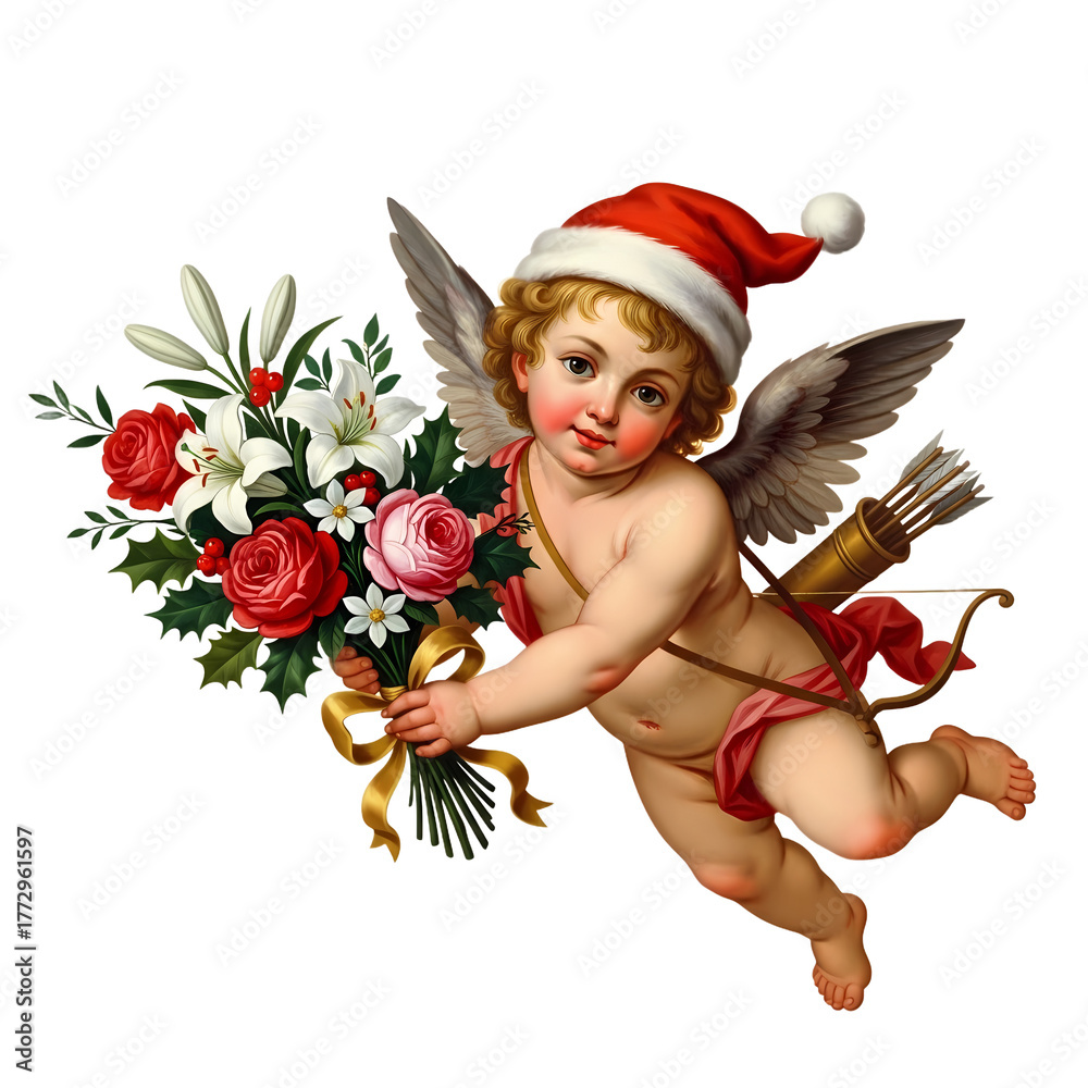 Fototapeta premium A festive cherub wearing a Santa hat, holding a beautiful bouquet of red roses, white lilies, and holly, with a bow and quiver of arrows on its back, against a white background.