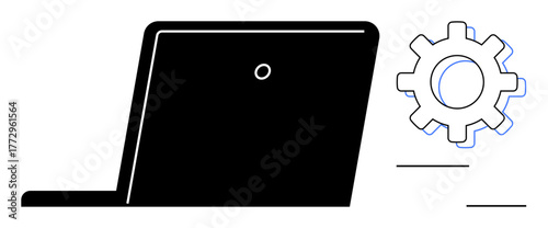 Laptop next to a gear symbolizing technology, configuration, software setup, and system management. Ideal for technology, innovation, software, productivity, IT support troubleshooting simple flat