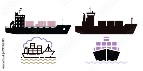 Stylized vector illustration of cargo ships with stacked containers in varied orientations, representing global trade and maritime logistics