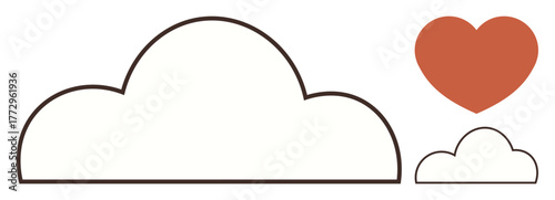 Large and small clouds outlined in black with a coral-colored heart nearby. Ideal for weather, emotions, simplicity, connection, care, joy, and flat minimalism. A simple flat metaphor