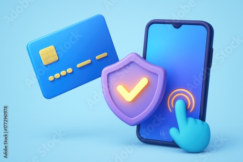 Secure digital payment with credit card and smartphone on blue background
