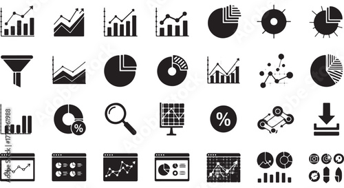 Analytics dashboard glyph icon set. Vector pictograms of percent, growth graph, decline, trend, arrow, filter, segmentation, magnify, analysis, document, black sign silhouette illustration