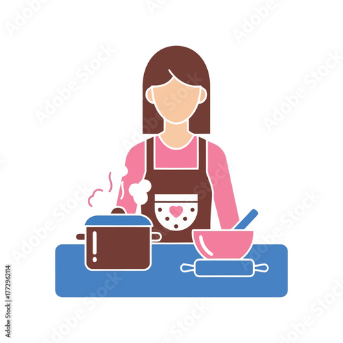 Woman in apron cooking and baking at home flat illustration Vector, illustration