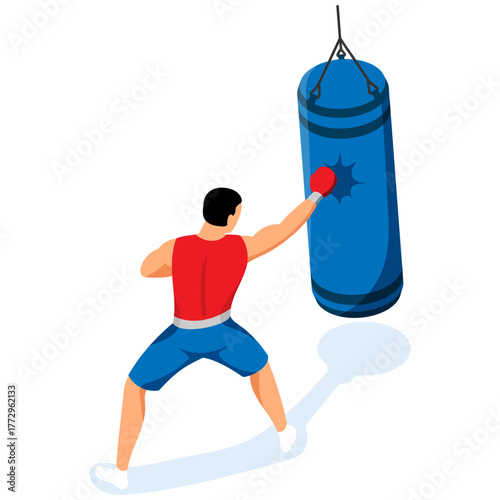 Dynamic illustration of a man practicing boxing, striking a heavy bag with power and precision, emphasizing fitness and combat sport training