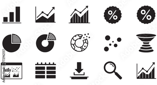 Analytics dashboard glyph icon set. Vector pictograms of percent, growth graph, decline, trend, arrow, filter, segmentation, magnify, analysis, document, black sign silhouette illustration
