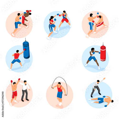 Isometric Boxing Set Illustrative Icons of Boxers, Training, and Fighting Actions in a Circle