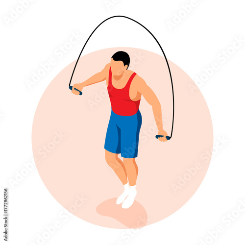 Dynamic isometric illustration of a man doing rope skipping, a high-intensity cardio workout for fitness and agility training
