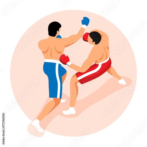 Two muscular male athletes engaged in a fierce professional boxing match, a powerful display of combat sport