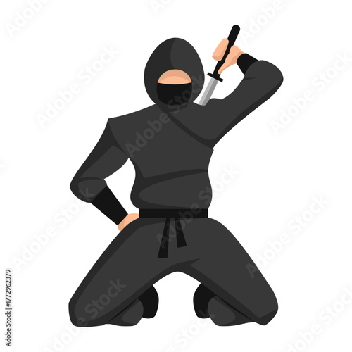 Stealthy shinobi character in a traditional black costume kneeling and unsheathing a katana blade