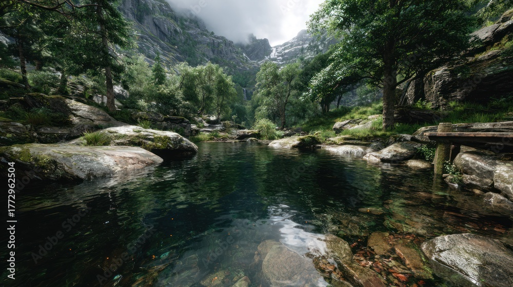 Obraz premium Serene mountain stream cascades through lush forest, rocks, and clear water