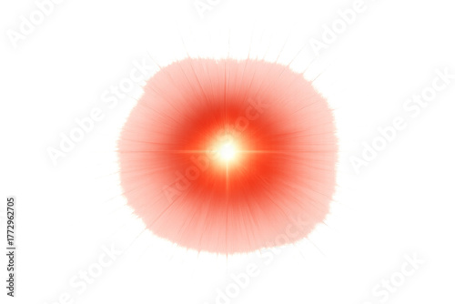 A glowing red cinematic lens flare with a radiant starburst effect, isolated on a clean white background for simple composition