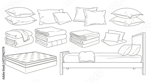 A collection of bedding items, including pillows, blankets, a mattress, and a bed frame, are illustrated in line art.