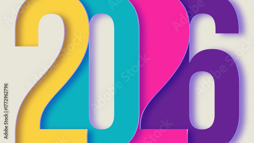 Colorful 2026 in paper cut style. New Year's Eve celebration greeting card banner