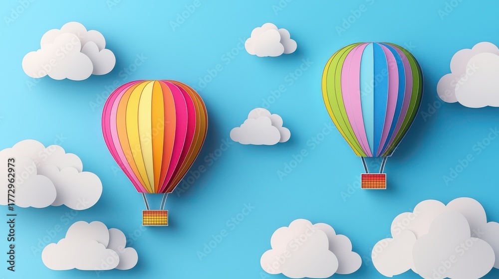Naklejka premium Two colorful hot air balloons float in a bright blue sky adorned with fluffy white clouds, creating a whimsical and cheerful atmosphere.