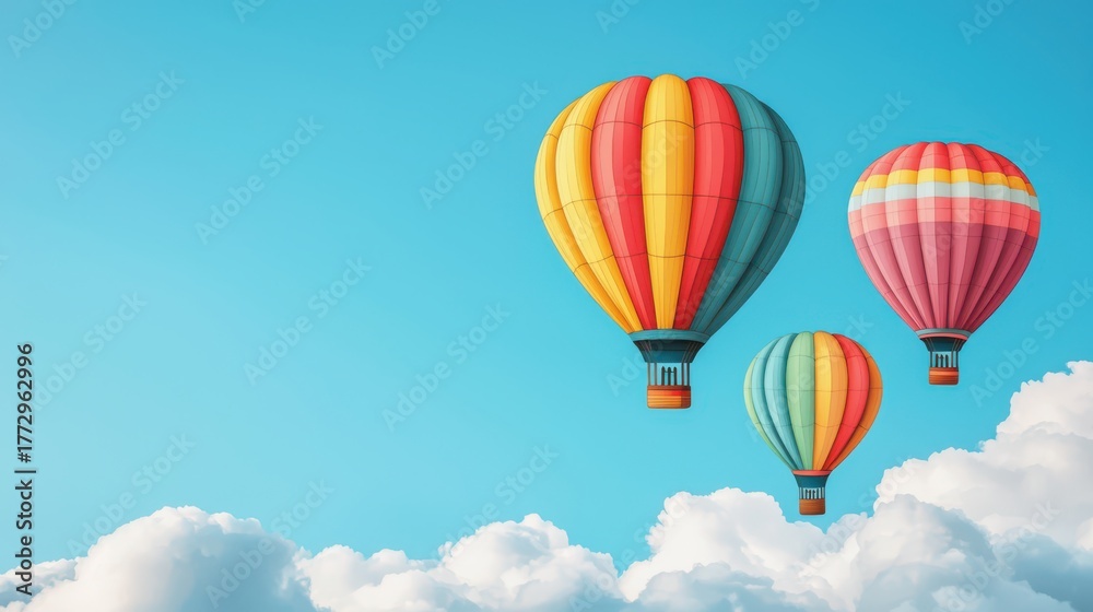 Fototapeta premium Colorful hot air balloons float peacefully in a bright blue sky, surrounded by fluffy white clouds, creating a serene and uplifting scene.