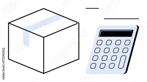 Cardboard box and calculator emphasizing shipping, delivery, and cost estimation processes. Ideal for logistics, e-commerce, budget planning, supply chain, finance business minimal design. Perfect