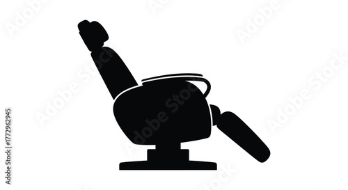 A black silhouette of a barber chair with a reclining back and footrest on a white background
