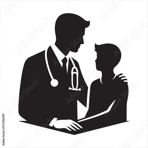 doctor and patient vector silhouette line art logo design concept illustration