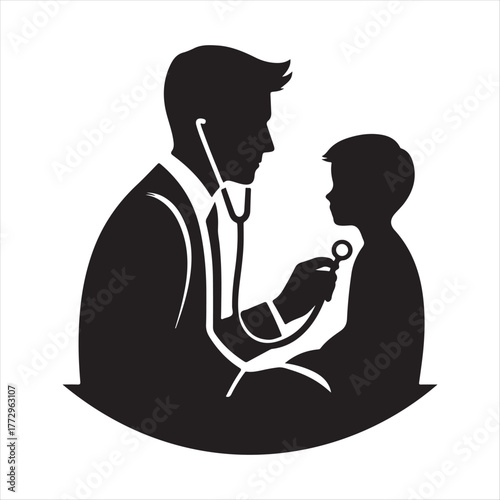 doctor and patient vector silhouette line art logo design concept illustration