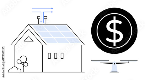 House with solar panels, quadcopter technology, trees, and dollar symbol. Ideal for renewable energy, technology, sustainability, cost savings innovation smart home economic growth. Simple flat