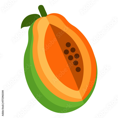 Stylized illustration of a halved papaya fruit with seeds and leaves isolated on white background silhouette