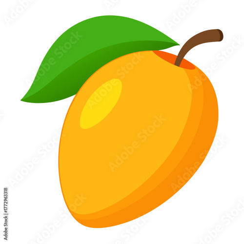Stylized orange mango fruit with green leaf and stem silhouette isolated on white background