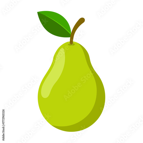 A simple green pear with a leaf and stem silhouette isolated on white background