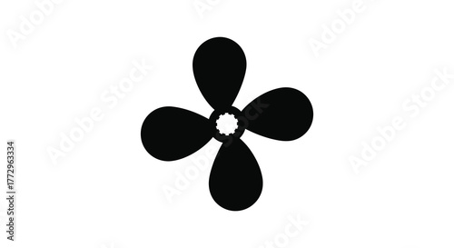 A stark black silhouette of a four bladed propeller against a clean white background representing marine propulsion and nautical themes silhouette